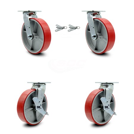 Service Caster 8 Inch Red Poly on Cast Iron Caster Set with Ball Bearings 2 Swivel Lock 2 Brake SCC-30CS820-PUB-RS-BSL-2-TLB-2